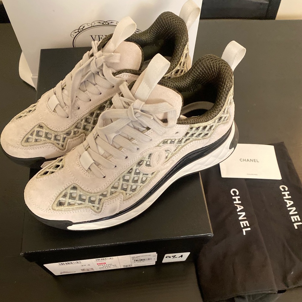 CHANEL Suede Calfskin Embroidered CC Sneakers 37.5 Ecru Light Gray